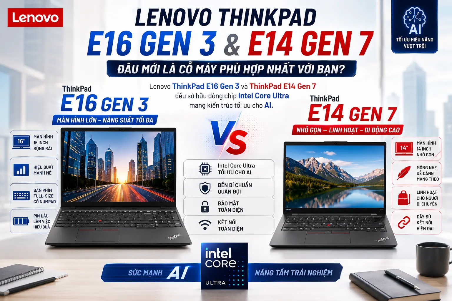 Đón Đầu Xu Hướng AI PC: Chọn ThinkPad E16 Gen 3 Core Ultra 7 Hay ThinkPad E14 Gen 7 Core Ultra 5?