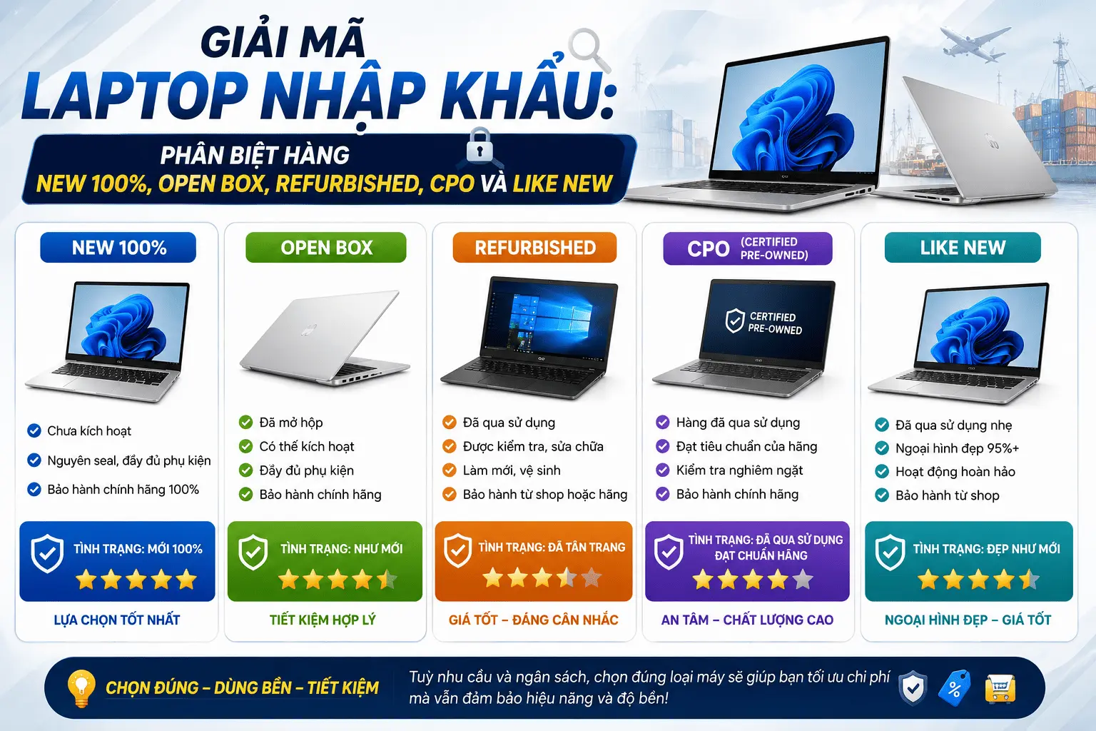 Giải Mã Laptop Nhập Khẩu: Phân Biệt Hàng New 100%, Open Box, Refurbished, CPO Và Like New