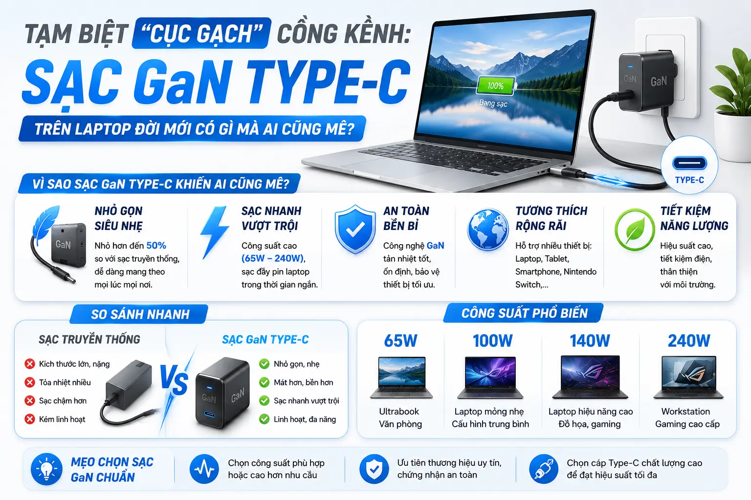 Tạm Biệt "Cục Gạch" Cồng Kềnh: Sạc GaN Type-C Trên Laptop Đời Mới Có Gì Mà Ai Cũng Mê?